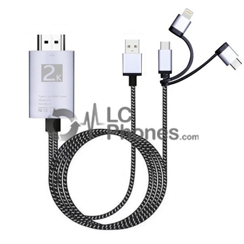 3 in 1 Lightning / Type C / Micro USB to HDTV HDMI Cable iOS 8 & above Silver