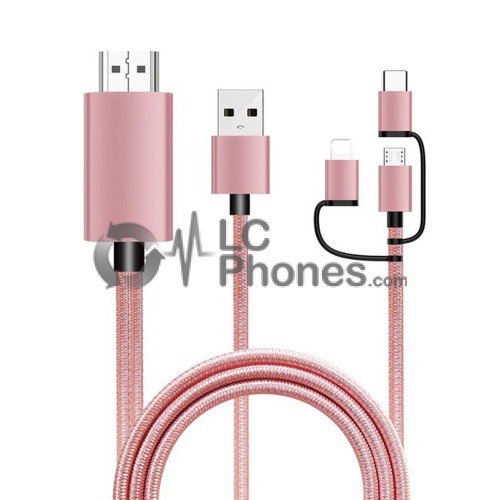 3 in 1 Lightning / Type C / Micro USB to HDTV HDMI Cable iOS 8 & above Pink