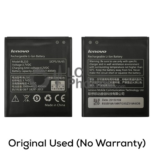 Lenovo A536 - (Original Used) Battery BL210 2000mAh 7.4Wh (No Warranty)