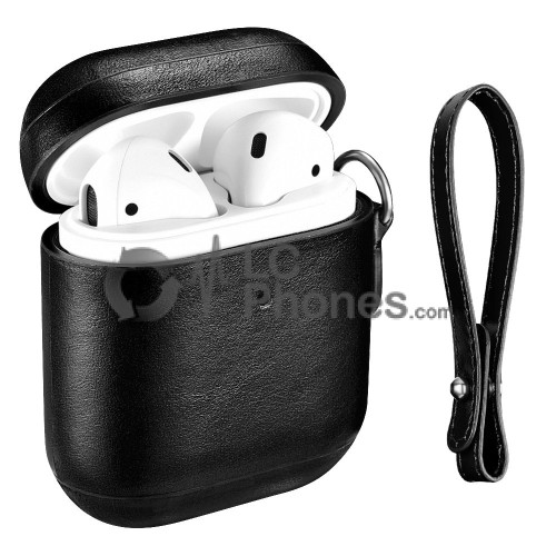 AirPods - iCarer Leather Vintage Natural Leather Case with Lanyard Black