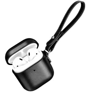 AirPods - iCarer Leather Vintage Natural Leather Case with Lanyard Black