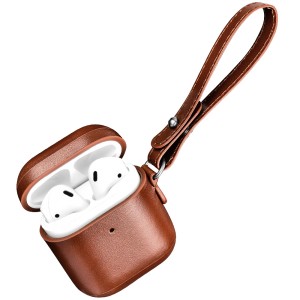 AirPods - iCarer Leather Vintage Natural Leather Case with Lanyard Brown