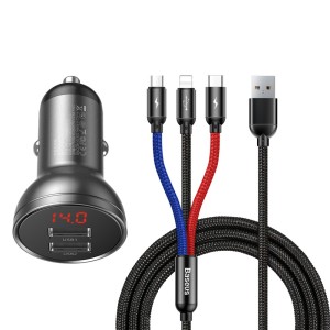 Baseus - Digital Display Dual USB 4.8A Car Charger 24W with 3in1 USB to UBS Type C / micro USB / Lightning 1,2m Cable Black (TZCCBX-0G)