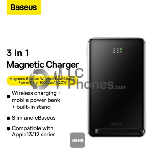 Baseus - Magnetic Bracket Wireless Fast Charge Power Bank 10000mAh 20W Blue (With Baseus Xiaobai Series Fast Charging Cable Type-C to Type-C 60W(20V/3A) 50cm black)