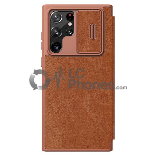 Samsung Galaxy S22 Ultra 5G S908 - Nillkin Qin Leather Pro Case with Camera Protector Holster Cover Brown