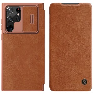 Samsung Galaxy S22 Ultra 5G S908 - Nillkin Qin Leather Pro Case with Camera Protector Holster Cover Brown