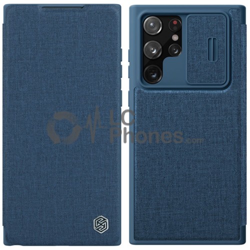 Samsung Galaxy S22 Ultra 5G S908 - Nillkin Qin Cloth Pro Case Case with Camera Protector Holster Cover Blue