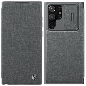Samsung Galaxy S22 Ultra 5G S908 - Nillkin Qin Cloth Pro Case Case with Camera Protector Holster Cover Grey