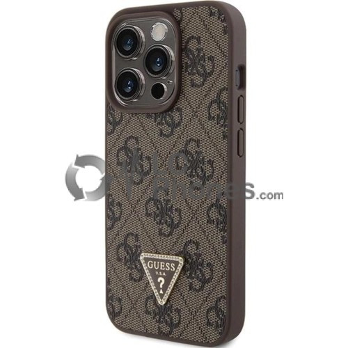 iPhone 15 Pro - Guess Hardcase Leather 4G Triangle Strass Case Brown