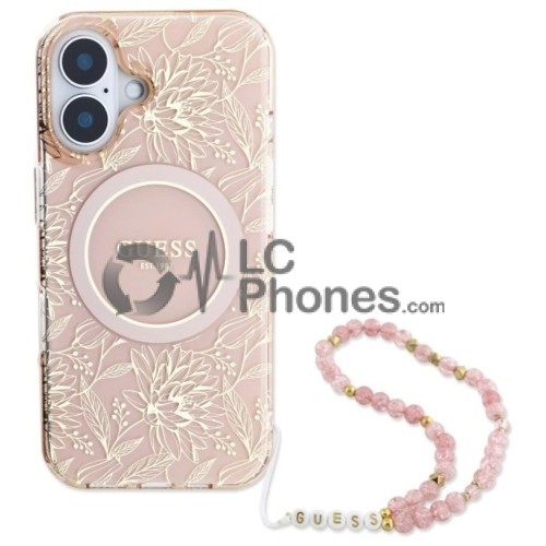 iPhone 16 - Guess IML Flowers Allover Electro MagSafe Compatible Case with Pearl Strap Pink