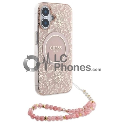 iPhone 16 - Guess IML Flowers Allover Electro MagSafe Compatible Case with Pearl Strap Pink