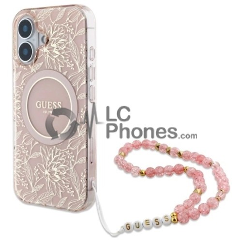 iPhone 16 - Guess IML Flowers Allover Electro MagSafe Compatible Case with Pearl Strap Pink