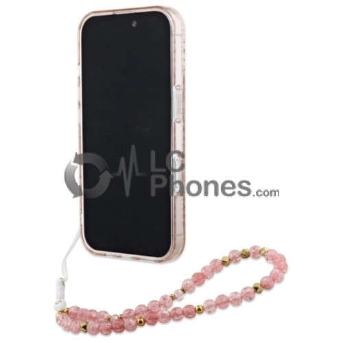 iPhone 16 - Guess IML Flowers Allover Electro MagSafe Compatible Case with Pearl Strap Pink