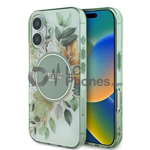 iPhone 16 - Guess IML Flower & Tonal Circle MagSafe Case Green