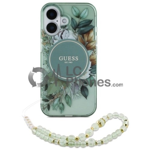 iPhone 16 - Guess IML Flower & Tonal Circle MagSafe Case with Pearl Strap Green