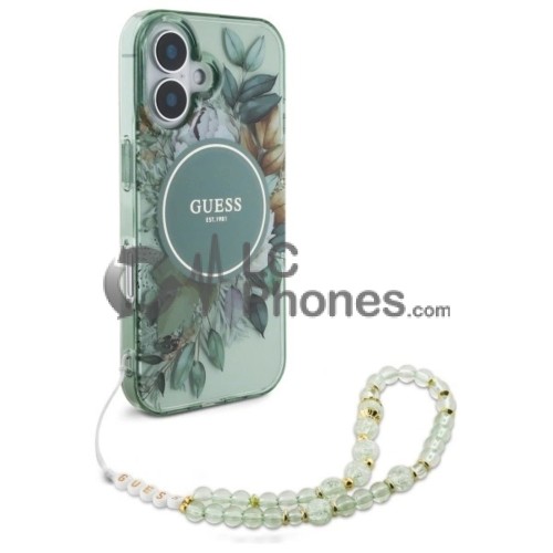 iPhone 16 - Guess IML Flower & Tonal Circle MagSafe Case with Pearl Strap Green