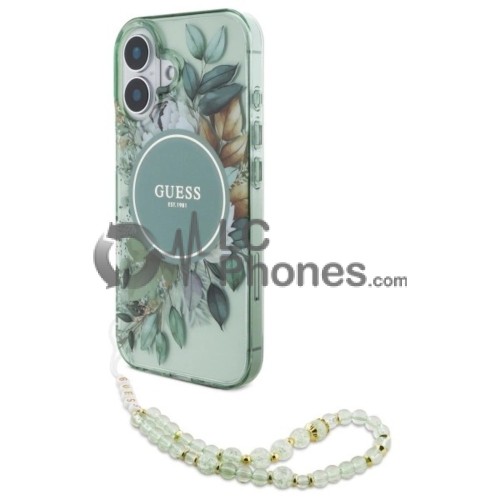 iPhone 16 - Guess IML Flower & Tonal Circle MagSafe Case with Pearl Strap Green