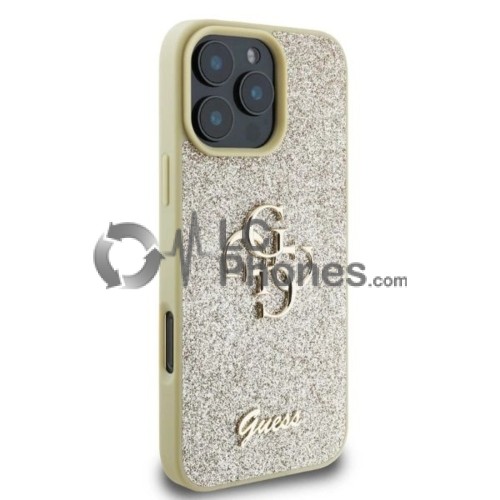 iPhone 16 Pro Max - Guess Glitter Script Big 4G Case Gold
