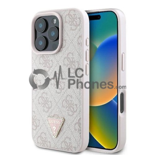 iPhone 16 Pro - Guess Hardcase Leather 4G Triangle Strass Case Rose