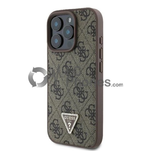 iPhone 16 Pro Max - Guess Hardcase Leather 4G Triangle Strass Case Brown