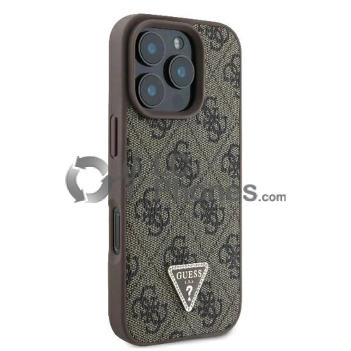 iPhone 16 Pro Max - Guess Hardcase Leather 4G Triangle Strass Case Brown