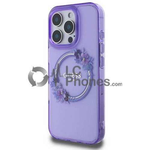 iPhone 16 Pro - Guess IML Flowers Wreath MagSafe Compatible Case Purple