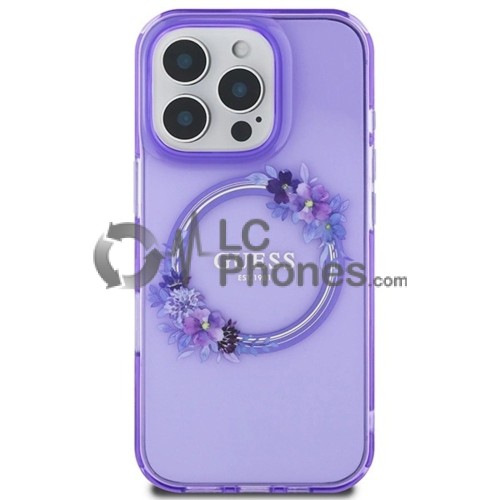iPhone 16 Pro - Guess IML Flowers Wreath MagSafe Compatible Case Purple