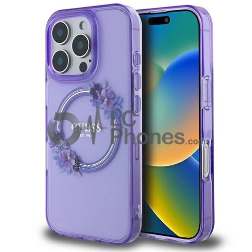 iPhone 16 Pro - Guess IML Flowers Wreath MagSafe Compatible Case Purple