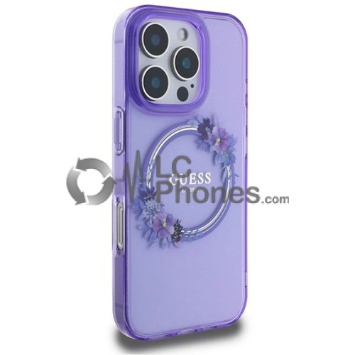 iPhone 16 Pro - Guess IML Flowers Wreath MagSafe Compatible Case Purple