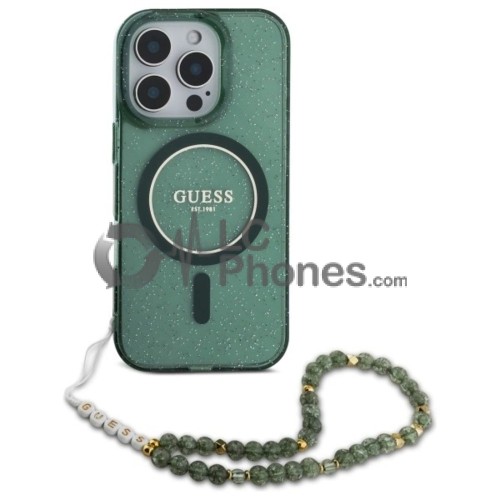 iPhone 16 Pro - Guess IML Glitter MagSafe Compatible Case with Pearl Strap Green