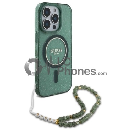 iPhone 16 Pro - Guess IML Glitter MagSafe Compatible Case with Pearl Strap Green