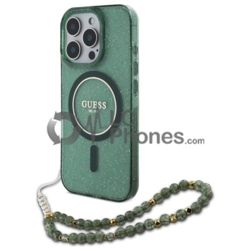 iPhone 16 Pro - Guess IML Glitter MagSafe Compatible Case with Pearl Strap Green