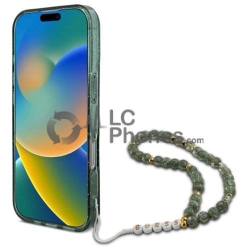 iPhone 16 Pro - Guess IML Glitter MagSafe Compatible Case with Pearl Strap Green