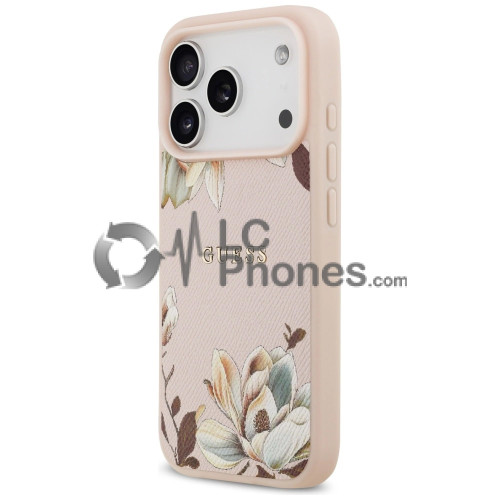 iPhone 17 Pro Max - Guess Grained Flowers Classic Logo MagSafe Case Pink