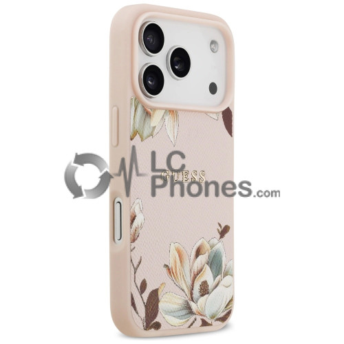 iPhone 17 Pro Max - Guess Grained Flowers Classic Logo MagSafe Case Pink