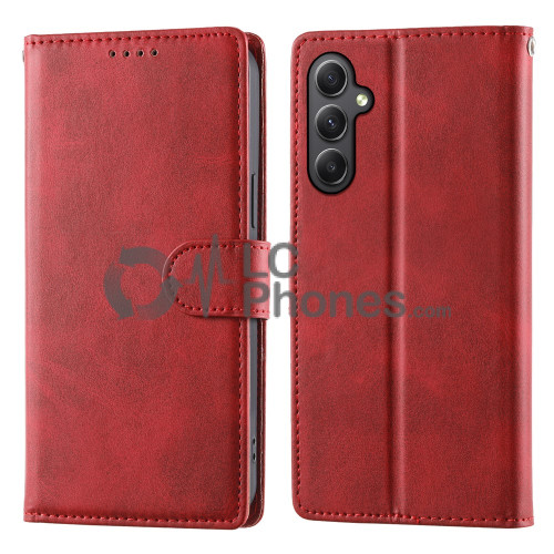 Samsung Galaxy A35 5G A356 - Calf Textured Leather Stand Wallet Case Red