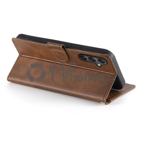 Samsung Galaxy A35 5G A356 - Calf Textured Leather Stand Wallet Case Brown
