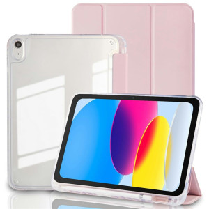 iPad 10th Gen (2022) 10.9 inch A2757 A2777 A2696 - Acrylic Back PU Leather Flip Cover Case with Pencil Slot Pink