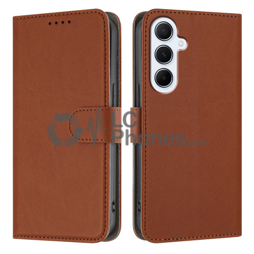 Samsung Galaxy A36 5G A366 - Calf Textured Leather Stand Wallet Case Brown