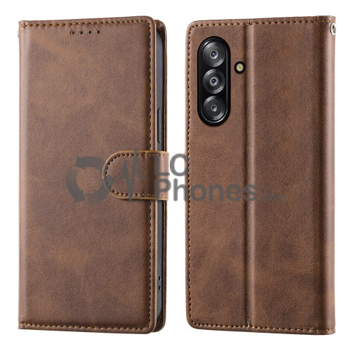 Samsung Galaxy A16 A165 - Calf Textured Leather Stand Wallet Case Brown