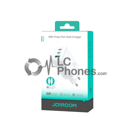 Joyroom - JR-TG10 65W GaN 2x Type-C + USB-A Wall Charger with 100W Type-C-Type-C 1.2m Cable White